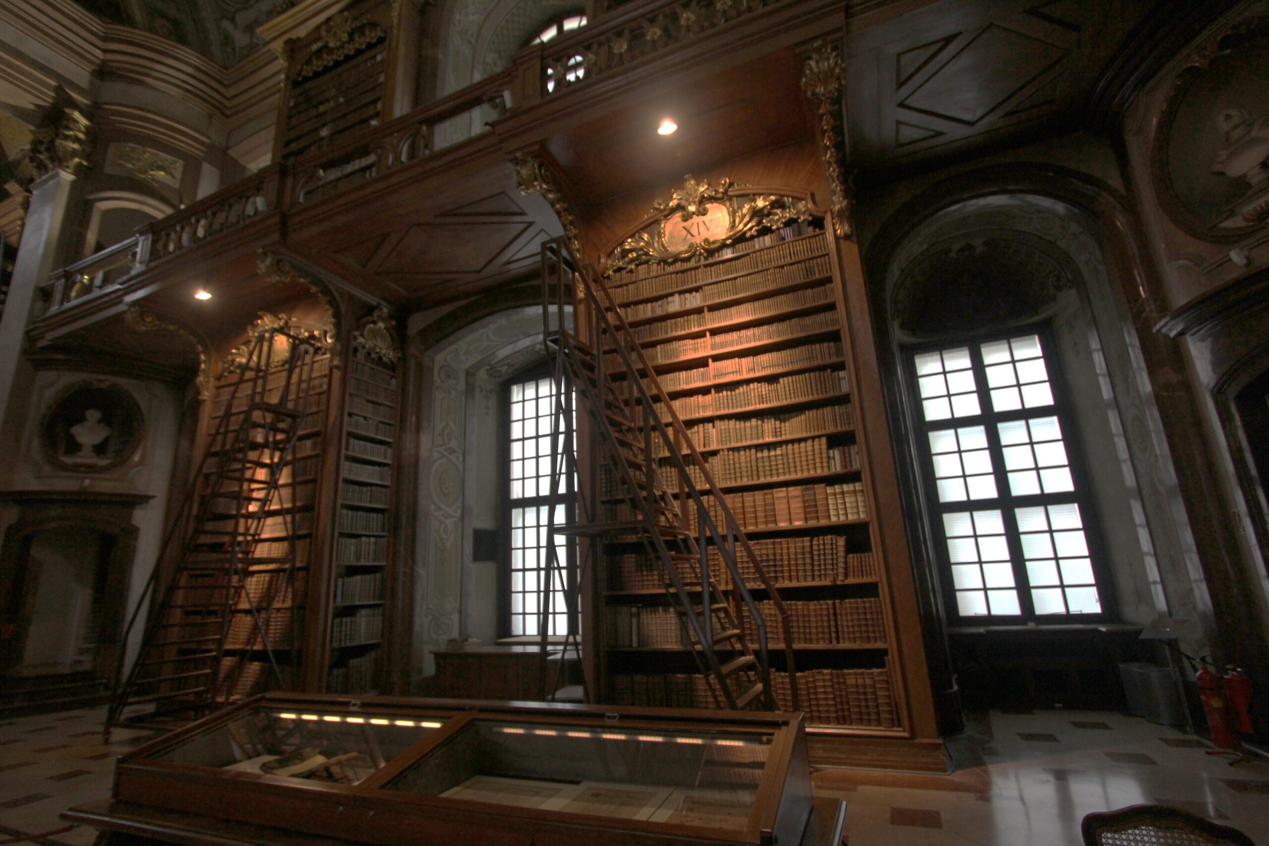 Tall wooden bookcases with a library ladder and a display case in the State Hall of the Austrian National Library in Vienna