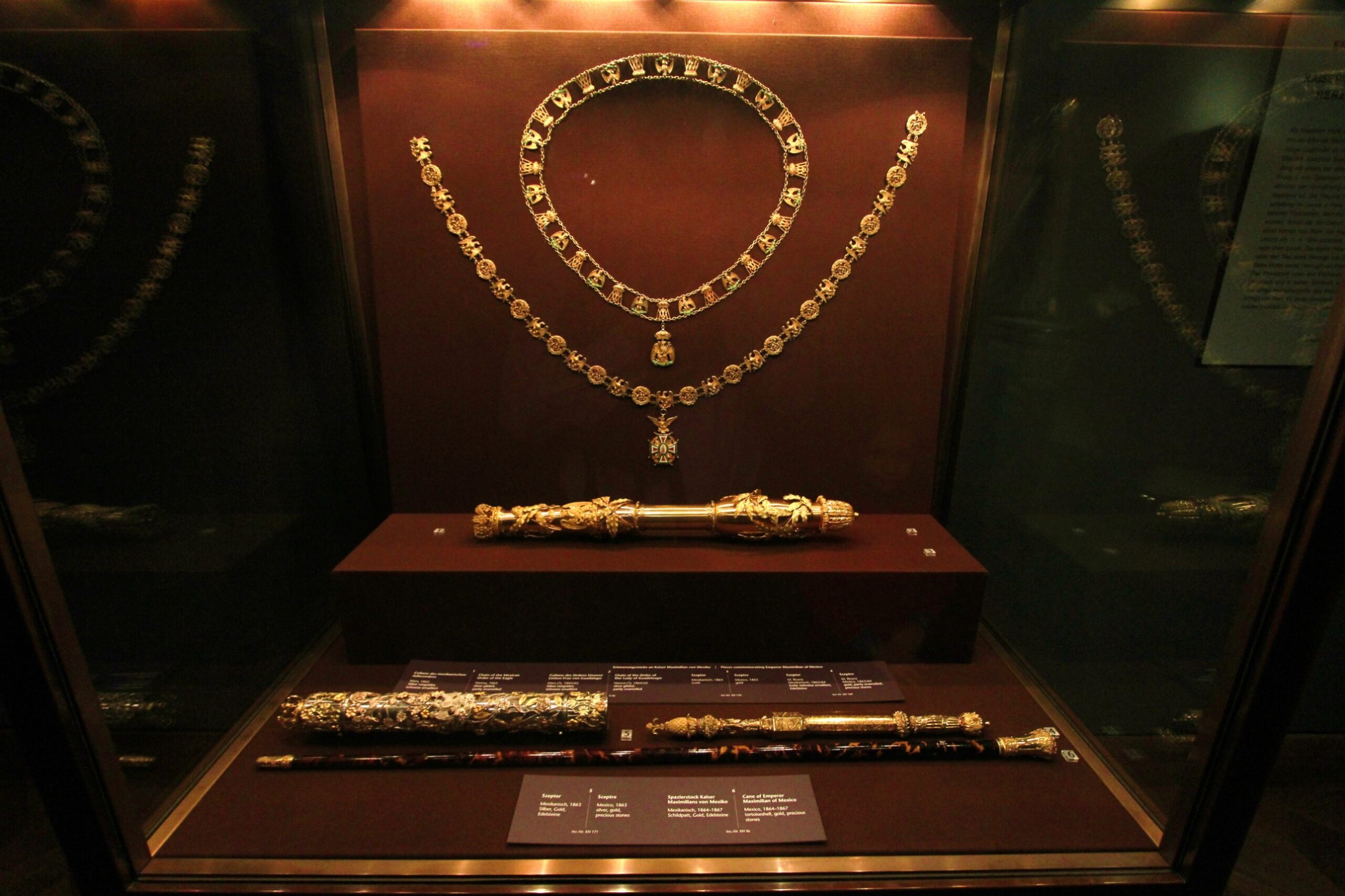 Chains of the Mexican Order of the Eagle and the Order of Our Lady of Guadalupe, Mexican sceptres and the cane of Emperor Maximilian of Mexico in the Imperial Treasury in Vienna