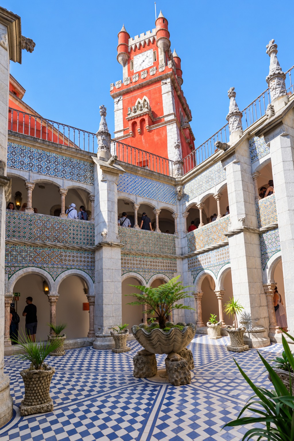 Red clock tower above tiled galleries, pale stone arches and a shell-shaped fern planter in the Manueline cloister at Pena Palace in Sintra